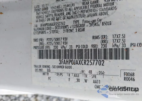 2012 Ford Fusion Sel z USA, uszkodzony, nr VIN 3FAHP0JAXCR257702